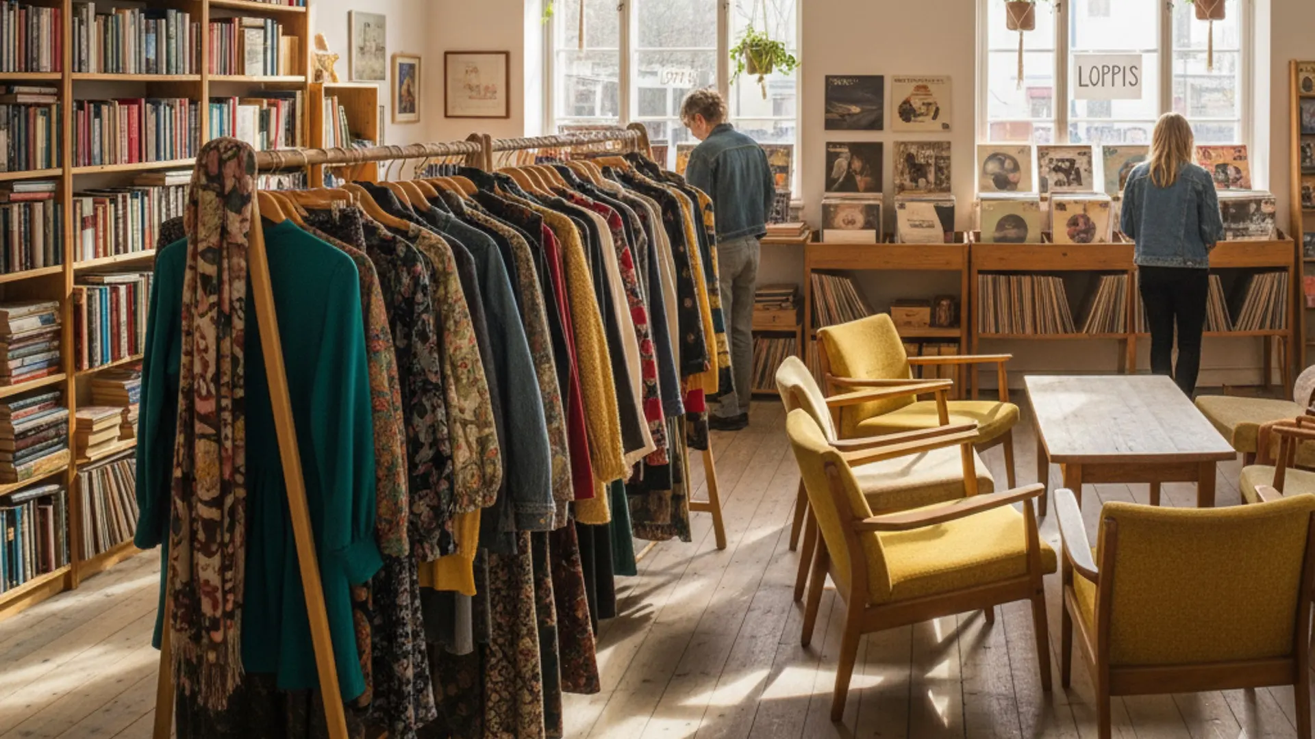 Interiör av en second hand-butik med vintagekläder och möbler.